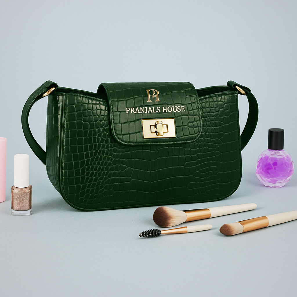 Genuine Leather Croco Design Handbag – Dark Green Shoulder Bag for Women